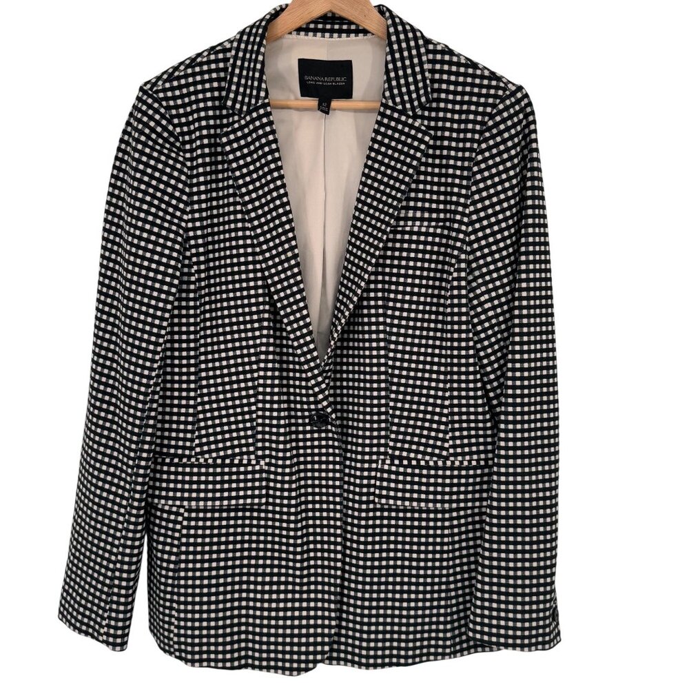 Banana Republic Long & Lean bi-stretch Womens Blazer Black plaid Size 12 career